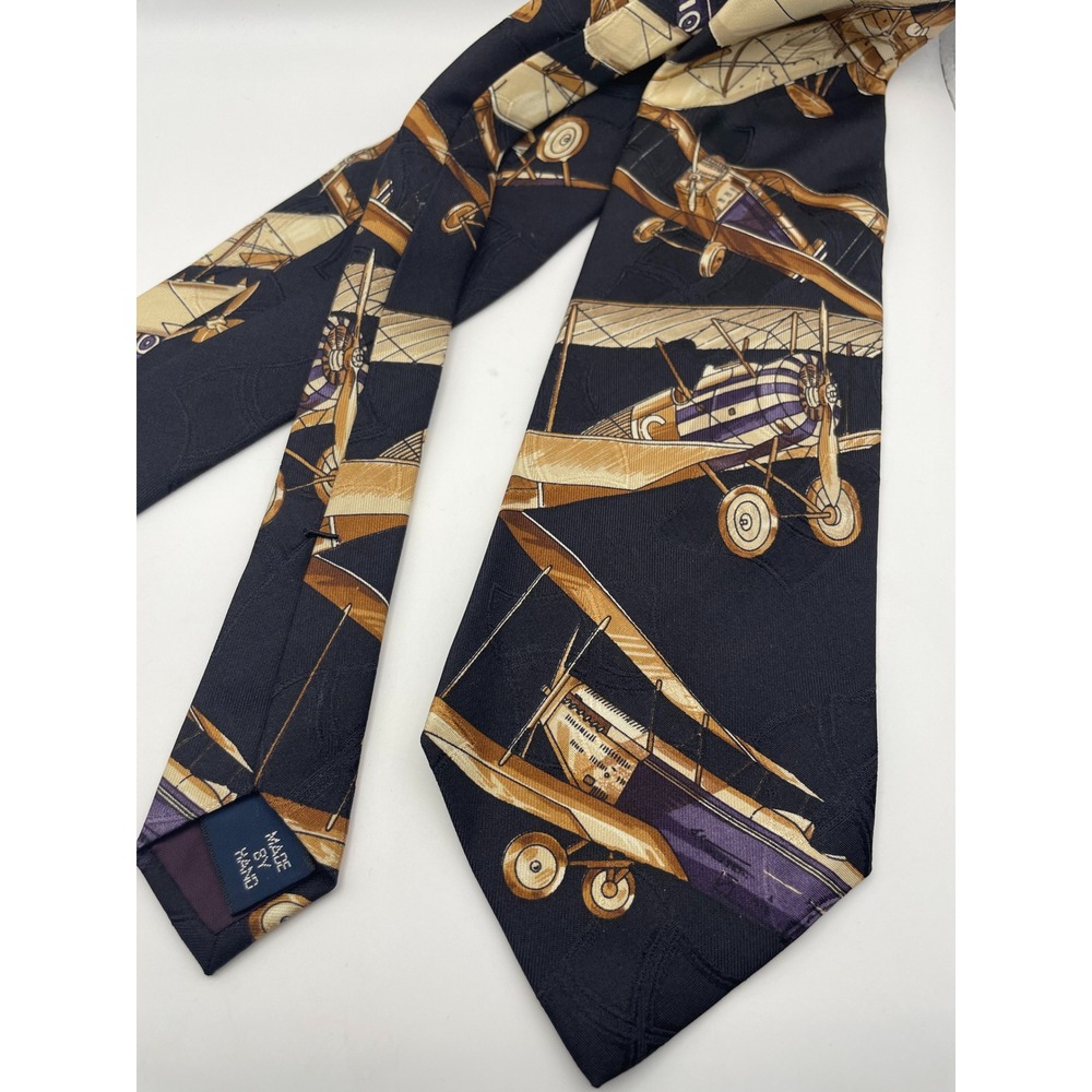Polo Ralph Lauren Silk Tie Navy Blue Vintage Biplane Aviation Print Made by Hand